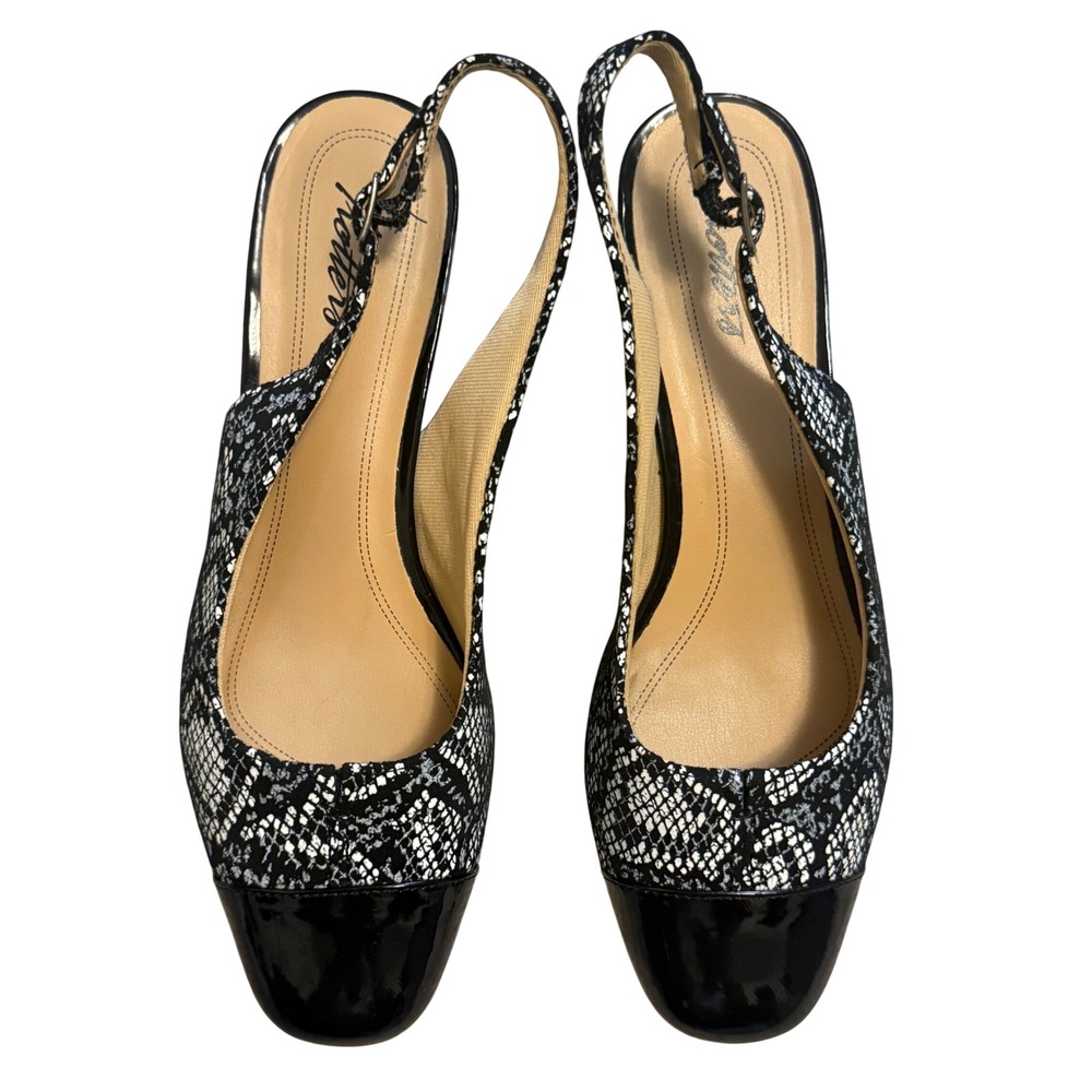 Trotters Slingback Pumps Womens 8M Black White Snakeskin Print Cap Toe Pre-Loved